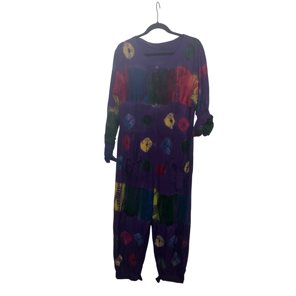 Vtg Sz M/L 90s Purple Tie Dye Batik Rayon Jumpsuit Boho Eclectic Festival Artsy
